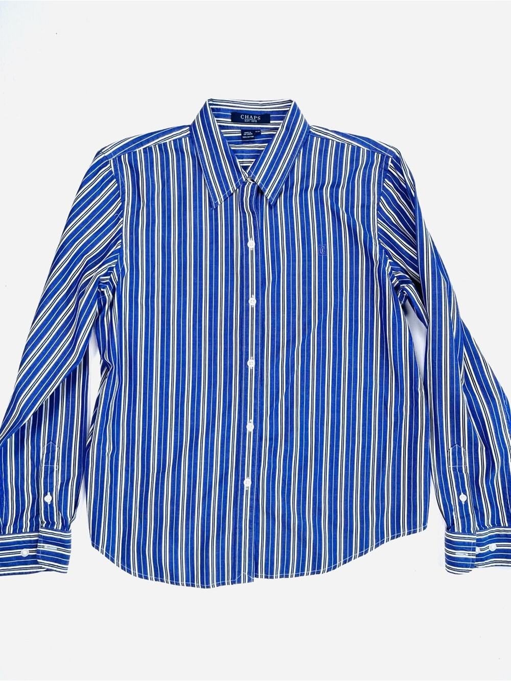 2000s Y2K Chaps Purple and White Stripe Button Down Dress Shirt Petite Medium
